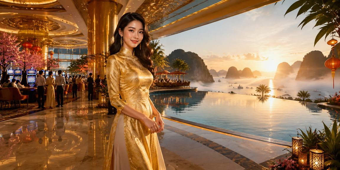 Người chơi trong trang phục áo dài trải nghiệm cá cược và jackpot tại khu vực Vịnh Hạ Long