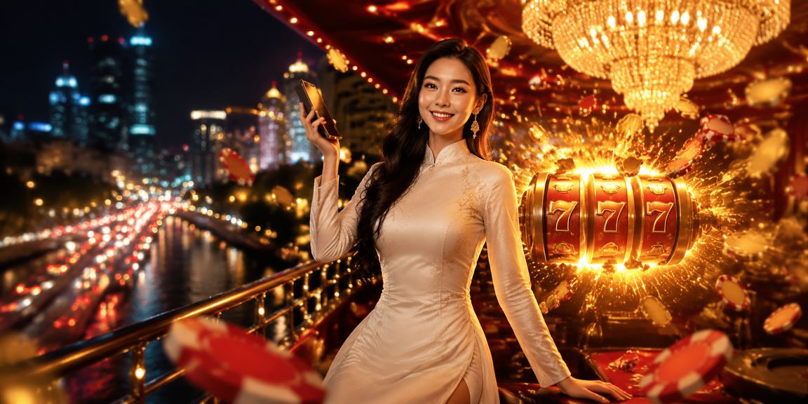 Người chơi slot game tại Thành phố Hồ Chí Minh trong trang phục áo dài truyền thống bên máy slots jackpot